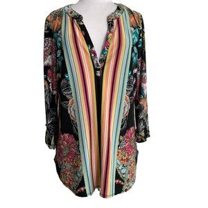 Spense Womens Tunic Top Size Medium Multicolor Floral Stripe Tab Sleeves Stretch